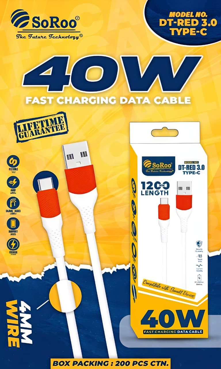 Soo Roo 40W Fast Charging Mobile Data Cable DT RED 3.0 /Type C (Warranty 1 Years)