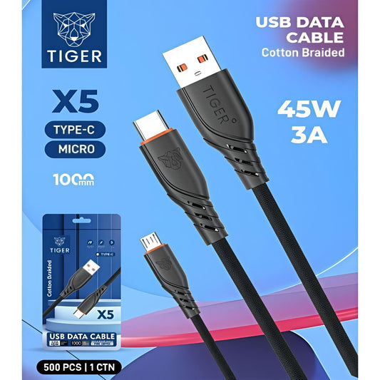 Tiger X5 3.0A 45W Type-C BEST QUALITY Cotton Braided USB Data Cable (Warranty 1 Years)