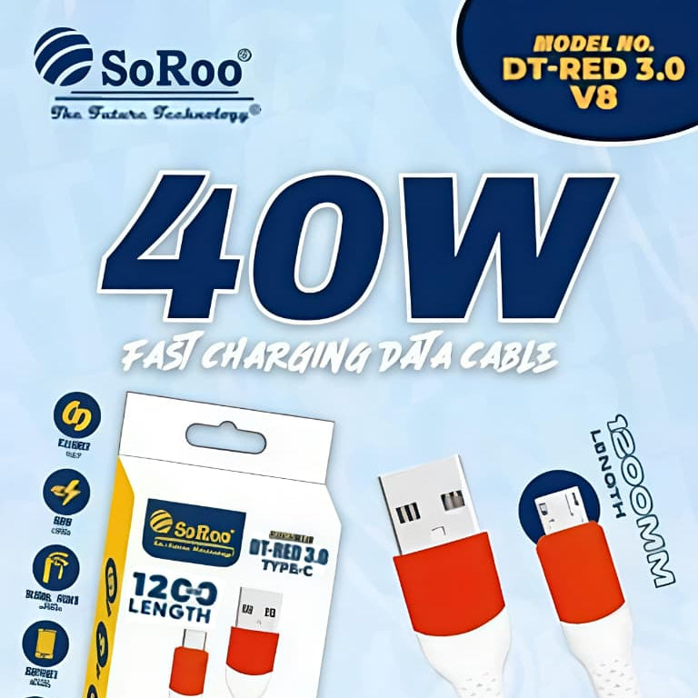 Soo Roo 40W Fast Charging Mobile Data Cable DT RED 3.0 /Type C (Warranty 1 Years)