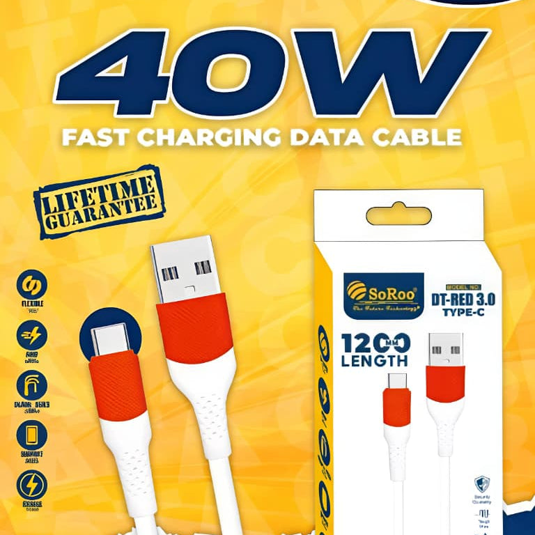 Soo Roo 40W Fast Charging Mobile Data Cable DT RED 3.0 Micro V-8 (Warranty 1 Years)