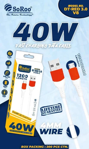 Soo Roo 40W Fast Charging Mobile Data Cable DT RED 3.0 Micro V-8 (Warranty 1 Years)